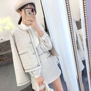 Set: Contrast Trim Buttoned Jacket + A-line Skirt