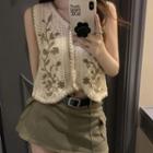 Sleeveless Floral Embroidered Knit Top / Mini Skirt