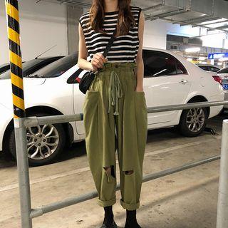 Striped Tank Top / Distressed Drawstring Pants