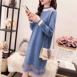Lace Trim Mock-turtleneck Sweater Dress