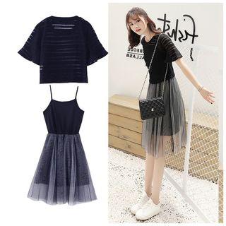 Set: Short-sleeve Top + Spaghetti Strap A-line Dress