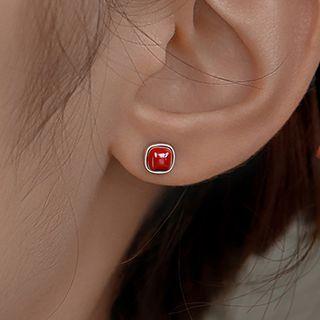 Square Sterling Silver Earring 1 Pair - Red & Silver - One Size