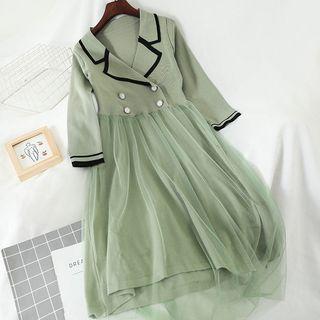 Elbow-sleeve Double-breasted A-line Mesh Dress