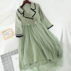 Elbow-sleeve Double-breasted A-line Mesh Dress