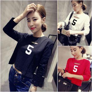 Number Print Ripped Long Sleeve T-shirt