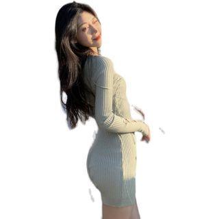Long-sleeve Knit Sheath Dress Green - One Size