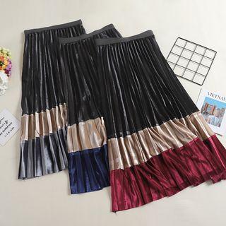 Color Block Velvet Midi A-line Pleated Skirt