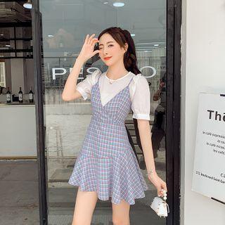 Mock Two Piece Plaid Short Sleeve Dress