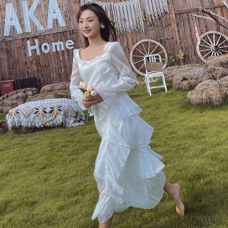 Long-sleeve Waterfall Midi Dress