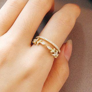 Rhinestone Leaf Layered Open Ring Gold - One Size