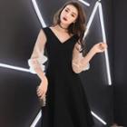 Puff-sleeve Mesh Panel Cocktail Dress / Mermaid Evening Gown