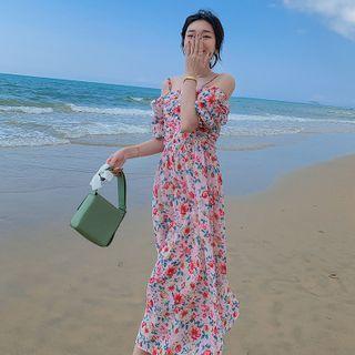 Short-sleeve Cold Shoulder Floral Midi A-line Dress