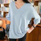 Plus Size Elbow-sleeve V-neck Knit Top