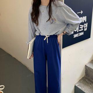 Long-sleeve Printed Sweatshirt / Plain Wide-leg Pants