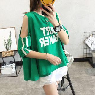 Cut Out Elbow-sleeve Lettering T-shirt