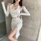Halter Lace-up Plain Tank Top With Gloves / High Waist Split Plain Skirt
