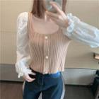 Eyelet Long-sleeve Panel Square-neck Knit Top