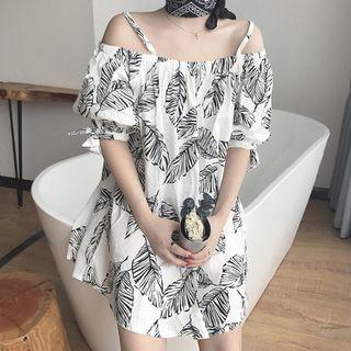 Leaf Print Off Shoulder Short Sleeve Dress