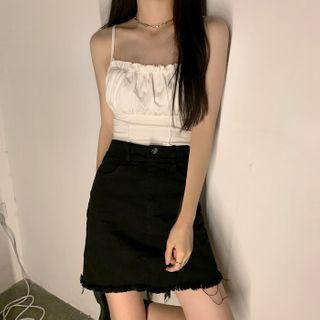 Spaghetti Strap Frill Trim Crop Top / Frayed Fitted Mini Skirt