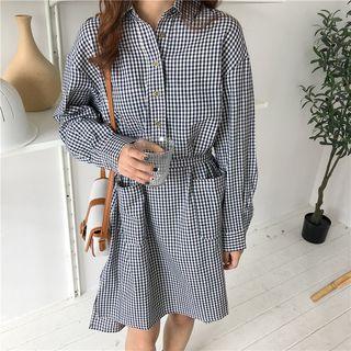 Long Sleeve Gingham Shirtdress Navy Blue & White - One Size