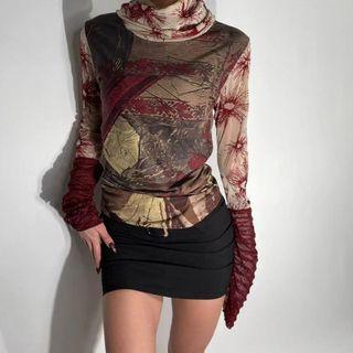 Turtle Neck Printed Long Sleeve Top
