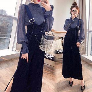 Set: Mock-neck Long-sleeve Top + Wide-leg Jumper Pants