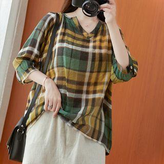 3/4-sleeve Plaid T-shirt