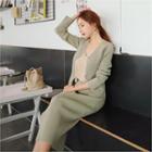 Set: V-neck Slim-fit Cardigan + Long Skirt