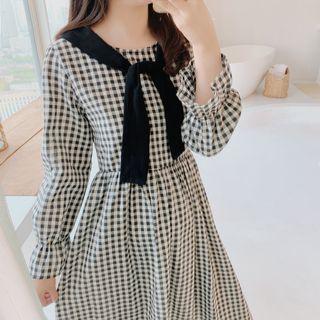 Tie-neck Long-sleeve Gingham Midi A-line Dress