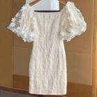 Flower Print Short-sleeve Blouse / Off-shoulder Mini Sheath Dress