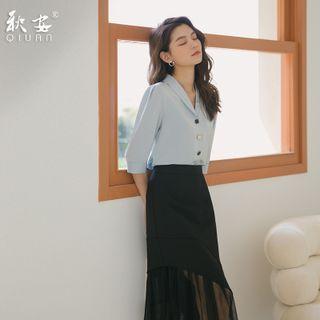 Elbow-sleeve Shirt / Mini Skirt / Midi Skirt / Dress Pants / Set