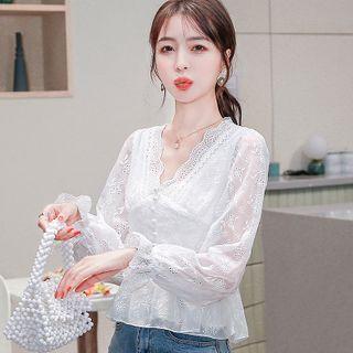 Long-sleeve Embroidered Chiffon Peplum Blouse
