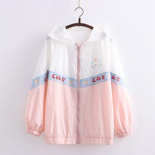 Cat Print Color-block Hood Jacket