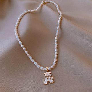 Bear Pendant Freshwater Pearl Necklace Necklace - White - One Size