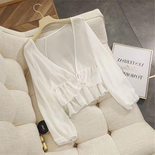 Tie-front Ruffled Cropped Chiffon Jacket
