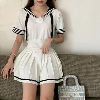 Short-sleeve Sailor Collar Crop Top / A-line Mini Skirt