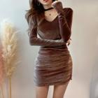 V-neck Ruched Velvet Bodycon Dress