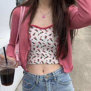 Floral Cropped Camisole Top / Lettuce Edge Cardigan