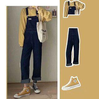 Plain Sweatshirt / Straight Leg Denim Dungarees / Set