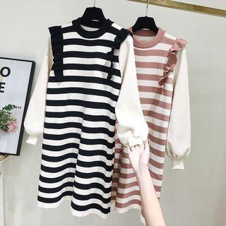 Lantern-sleeve Striped Knit Dress