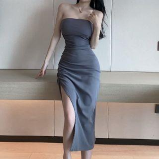 Strapless Slit Midi Sheath Dress