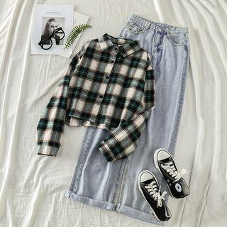 Plaid Long-sleeve Shirt / Loose-fit Jeans