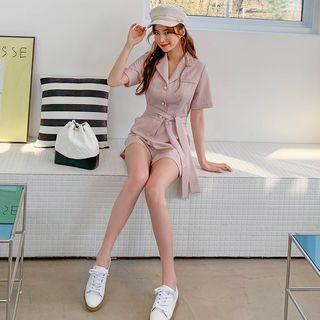 Open-placket Pinstriped Jumpsuit With Sash Pink - One Size