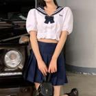 Puff-sleeve Sailor Collar Cropped Blouse / A-line Skirt