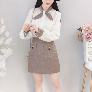 Long-sleeve Top / Plaid A-line Mini Skirt