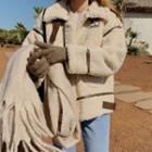 Buckled-neck Pleather-trim Dumble Jacket Cream Beige - One Size