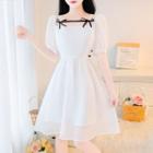 Puff-sleeve Square Neck Bow-accent A-line Dress