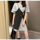 Set Of 2: Short Sleeve Plain Dress + Striped Sleeveless Dress Set - One Size