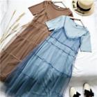 Set: Crew-neck Short-sleeve T-shirt Dress + V-neck Mesh Spaghetti Strap Dress