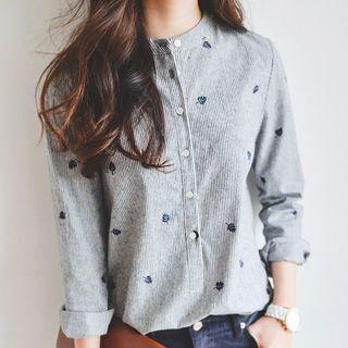 Leaf Embroidered Striped Long-sleeve Shirt
